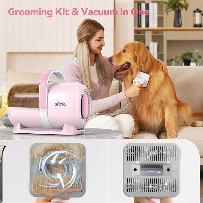 Afloia 6-in-1 Dog Grooming Kit, Pet Grooming Vacuum for Shedding, Dog Hair Vacuum with Clipper Nail Trimmer Grinder, Pet Brush Groomer at Home, Low Noise Cats Hair Remover, 1.5L Dust Cup, Pink-Mewly Pet