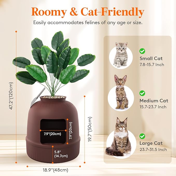 Lifewit Litter Box with Faux Plant & Scoop for Large Cat, Hidden Corner Enclosure Litter Tray with Odor Control & Carbon Filter in Living Room/Bedroom/Bathroom, Brown-Mewly Pet