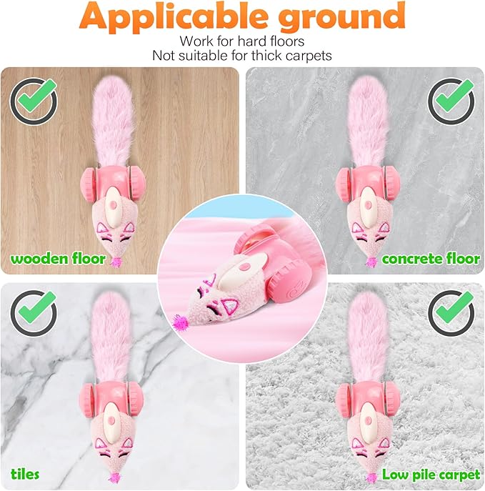Migipaws Automatic Cat Toys, Plush Cat Mouse Toy, Interactive Toy for Indoor Cats, Smart Moving Kitten Toy, Rechargeable (Pink)-Mewly Pet