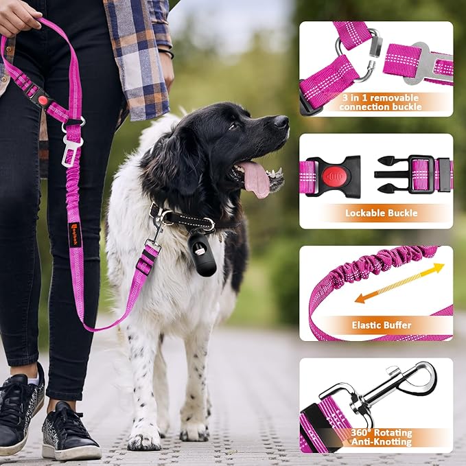 Removable Dog Seat Belt Harness for Car, 3 in 1 Pet Dog Car Seatbelt Leash, Retractable Restraint Secures to Vehicle Headrest & Adjustable Reflective Bungee Dog Seatbelt Tether, Rose-Mewly Pet