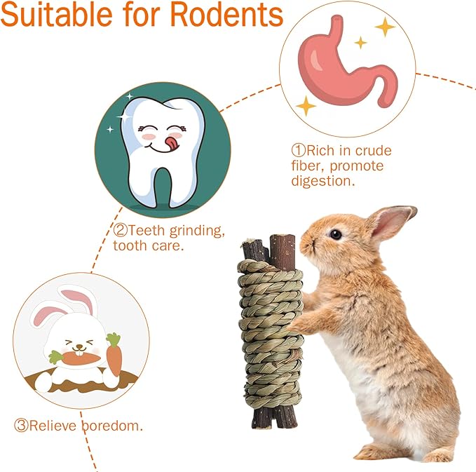 Fhiny 12 PCS Guinea Pigs Chew Toys, Natural Apple Branch Seagrass Molar Sticks for Teeth Bunny Chew Toys Cage Accessories for Guinea Pigs Rabbit Bunny Hamster Chinchilla-Mewly Pet