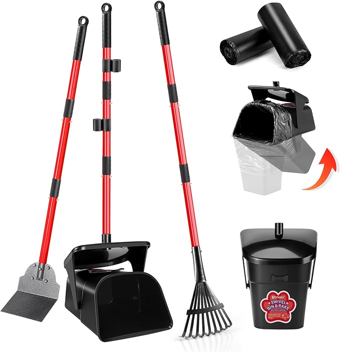 Pooper Scooper Swivel Bin & Rake & Spade with 60 Waste Bags, Heavy Duty Dog Poop Scooper for Large Medium Small Dogs, Long Stainless Steel Handle Use on Yard, Grass, Dirt or Gravel-Mewly Pet