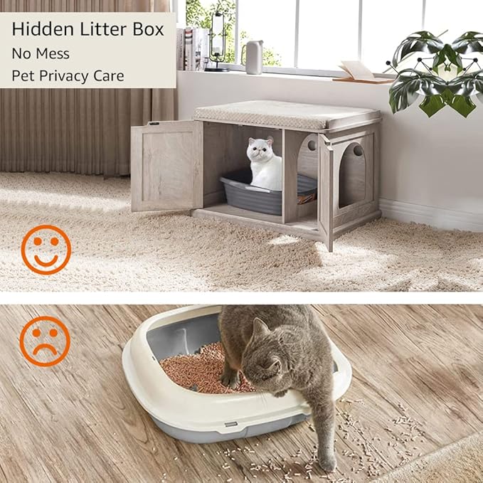 unipaws Cat Litter Box Enclosure Furniture, Hidden Litter Box Cover Washroom, Dog Proof Cabinet for Large Cat, Hideaway House, Weathered Grey-Mewly Pet