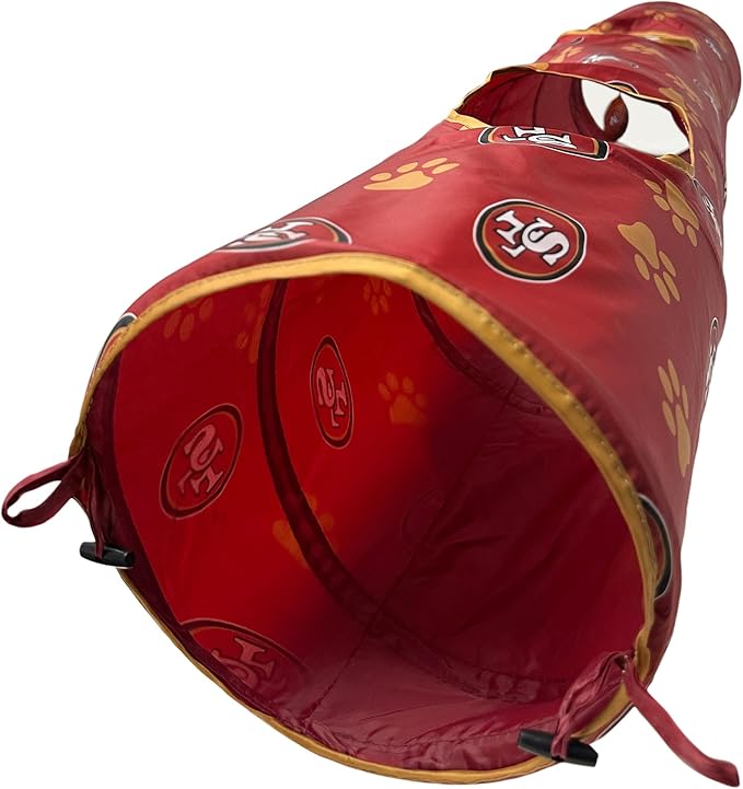 NFL San Francisco 49ers Cat Tunnel Tube Toy with Plush Football Catnip and Feathers Collapsible Tunnel for Cats to Play, Peek and Hide, Sporty & Fun Cat Tunnel Toy with Team Logo All-Over Design!-Mewly Pet