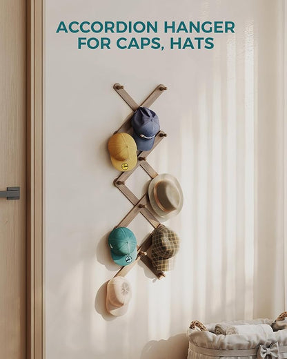 OROPY Wood Accordion Wall Hanger, Expandable Coat Rack Wall Mount with 14 Pegs, Expanding Hat Rack for Wall, X Shape, 27"×10", Walnut Color