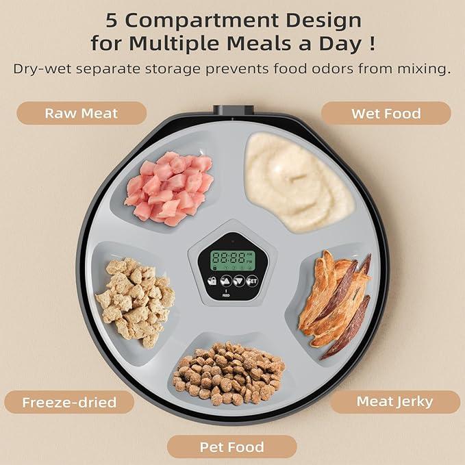 Automatic Pet Feeder for Wet & Dry Food, 5-Meal Timer Dispenser with 2 Ice Packs, Programmable Smart Feeder for Cats/Dogs – Keep Food Fresh Longer (Pet Feeder with 2 Ice Cube Tray)-Mewly Pet