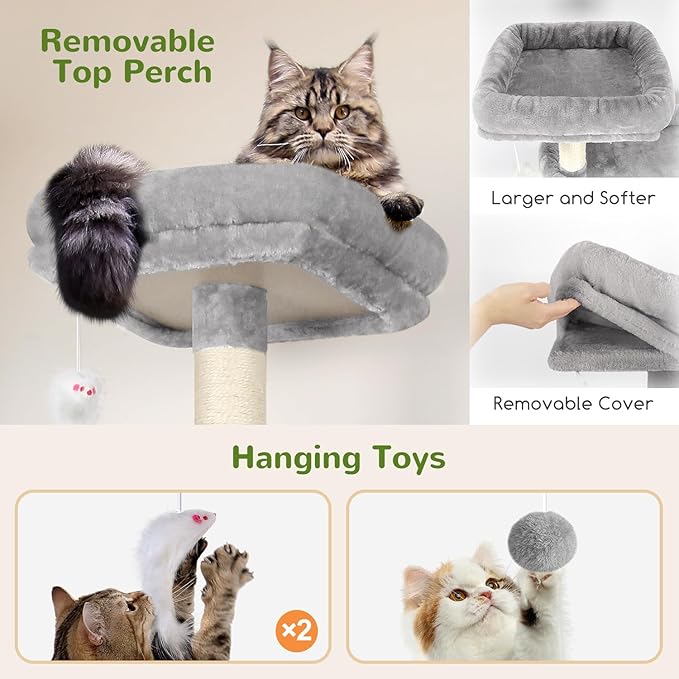 Globlazer Tall Cat Tower, 76 inch Multiple Level Cat Climbers for Indoor Cats, XL Cat Tree with 5 Scratching Posts, 2 Cat Condos, Hammock, 2 Hanging Baskets, F76B, Light Grey-Mewly Pet