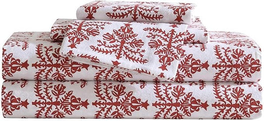 Eddie Bauer - Flannel Sheets Queen Size, Anti-Pilling & Wrinkle Resistant Cotton, Touchably Soft for All-Season Comfort - Bed Sheets with Matching Pillowcases & Fitted Sheet (Jolly Trees Red)