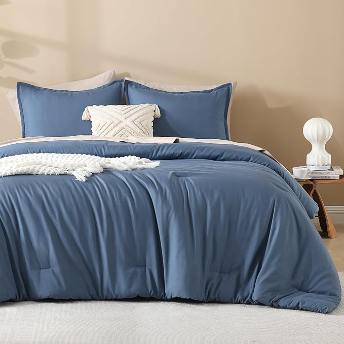Litanika Haze Blue Comforter Full Size Set, 3 Pieces Lightweight Solid Bedding Comforter Set, All Season Fluffy Bed Set