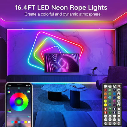 AILBTON 16.4Ft Neon Rope Lights,Flexible Led Rope Lights Control with App/Remote,Multiple Modes Rope Lights,IP65 Outdoor RGB Led Neons Lights,Music Sync Gaming Led Neon Light Strip for Bedroom Decor