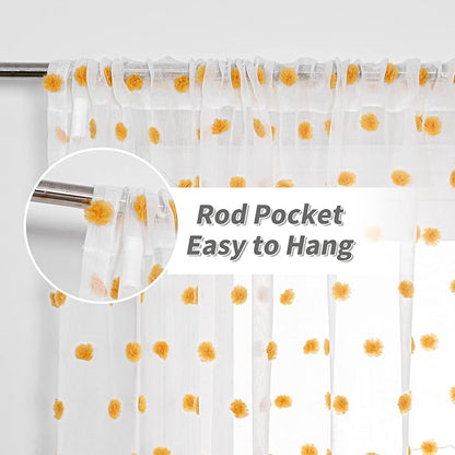 MYSKY HOME Living Room Curtains 2 Panels 95Inch Orang White Sheer Curtains for Bedroom Windows Light Filtering Semi Cute Pom Pom Curtains Sliding Door Extra Long Rod Pocket Backdrop 52" x 95"