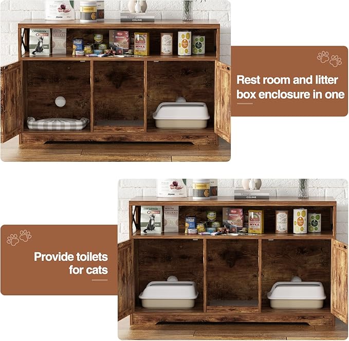Cat Litter Box Enclosure for 2 Cats, 47" Double Hidden Litter Box Furniture with Scratch Pad, Farmhouse Indoor Litter Box Cabinet Cat Washroom, Rustic Brown-Mewly Pet