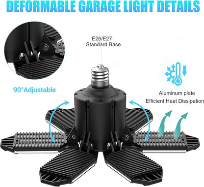 Garage Light Bulb LED 100W with 6 Deformable Panels, E26/E27 Garage Led Ceiling Lights Screw in for Porch Barn Basement Attic