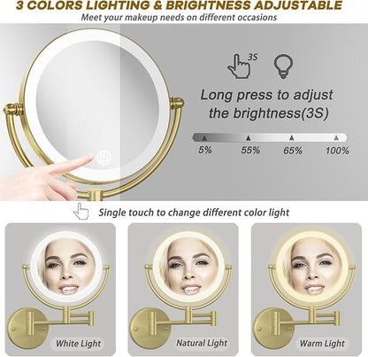 Matte Gold Wall Mounted Makeup Mirror with Lights and 10X Magnification, 8" Rechargeable 2-Sided 3-Colors, Touch Dimmable Extended Arm 360 Rotation, Foldable Vanity Cosmetic Shaving Mirror Bathroom