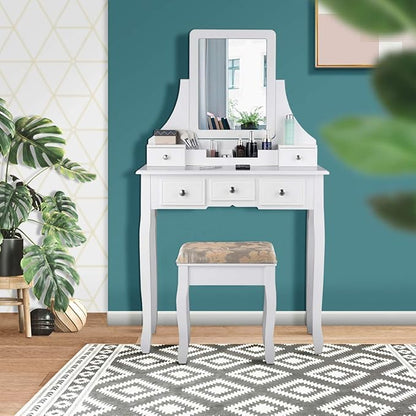 CHARMAID Makeup Vanity Set with Mirror and Cushioned Stool, Dressing Table with 5 Drawers and Removable Storage Organizers, Bedroom Makeup Table with Stool for Women Girls (White)