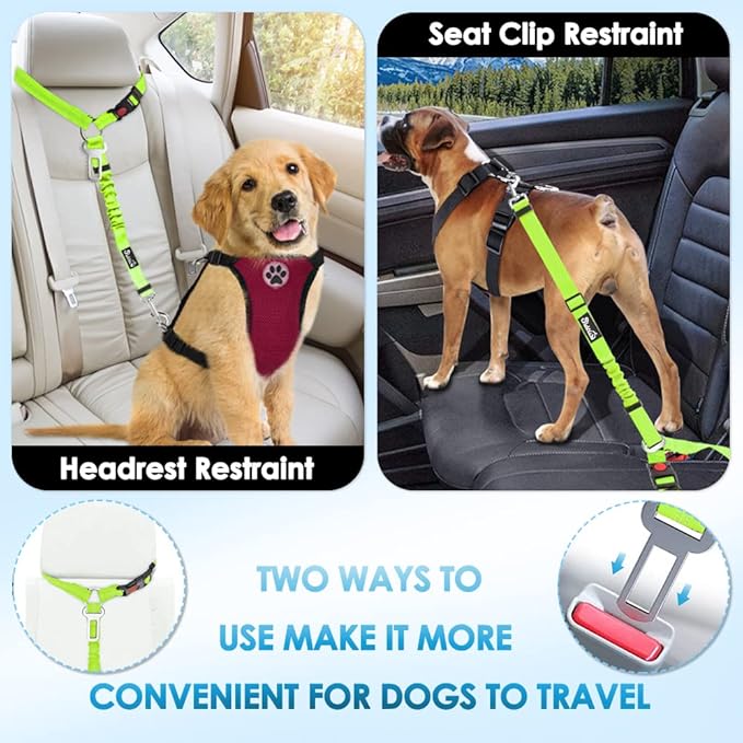 SlowTon Dog Seat Belt for Car, 2 Pack Dog Car Harness Seatbelt Adjustable with Elastic Bungee Buffer, 2 in 1 Pet Car Leash Headrest Restraint Dog Reflective Safety Tether (Lime, Headrest+Clip)-Mewly Pet