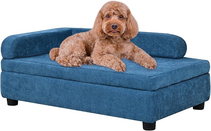 AFBKSS&BB Pet Sofa with Hidden Storage for Puppy and Cat,Linen Fabric Dog Sofa,Cat Couch with Wooden Frame (Blue)-Mewly Pet