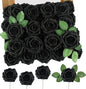 MACTING 60PCS Black Artificial Flowers Real Touch Fake Flowers with Stem Foam Roses for DIY Wedding Bouquets Table Centerpieces Bridal Shower Party Holiday Home Halloween Decorations