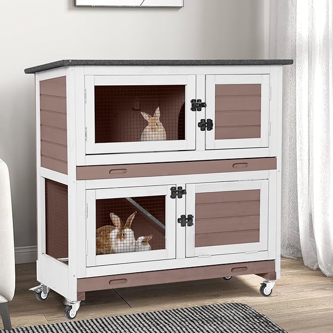 2-Story Rabbit Hutch Indoor Bunny Cage Wooden Guinea Pig House with Chew-Proof Ramp, Leakproof Slide-Out Trays, Lockable Caster Wheels for 1-3 Rabbits (Brown)-Mewly Pet