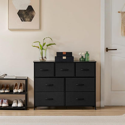 DUMOS Dresser for Bedroom with 7 Drawers, Storage Organizer Units Furniture, Chest Tower TV Stand with Fabric Bins, Metal Frame, Wooden Top for Nursery, Living Room, Bedroom, Closet, Black01