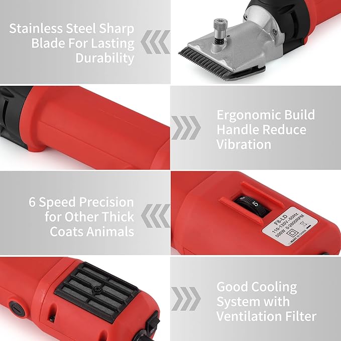 DUCKBOY Heavy Duty Clippers for Thick Coats Animals, 500W Professional Electric Shearing Machine for Horse Pony Cattle and Large Dogs Livestocks Grooming, 6 Speed & 2 Detachable Shearing Blades-Mewly Pet