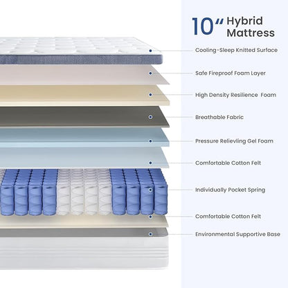 Full Size Mattress 10 Inch, Hybrid Full Mattress in a Box with Cooling Gel Memory Foam and Individually Pocket Innerspring for Support and Pressure Relief, Medium Firm