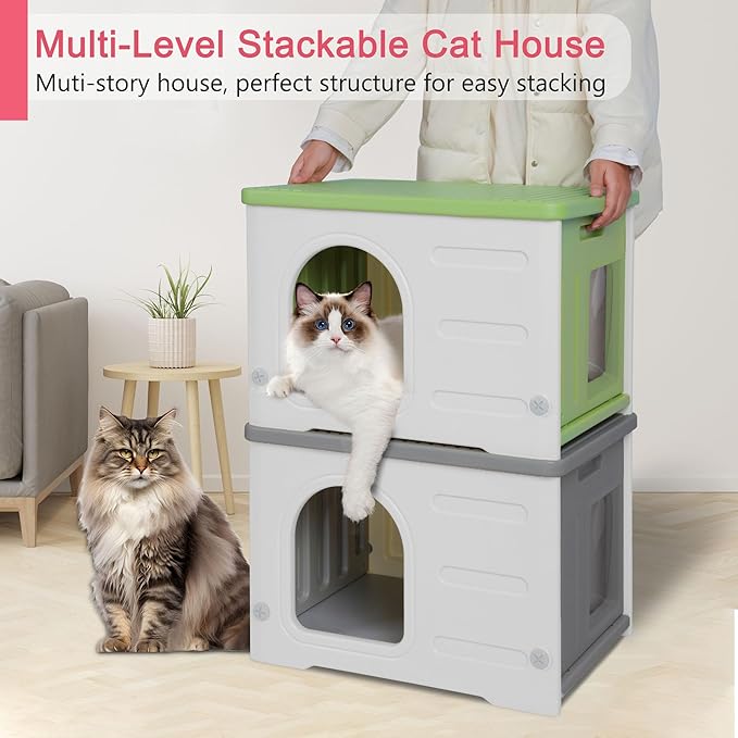 Rockever Plastic Cat House Outdoor with Escape Door, Waterproof Feral Cat House Outdoor Indoor, Sturdy Cat House for Outdoor Cats, Assemble Easily-Grey-Mewly Pet