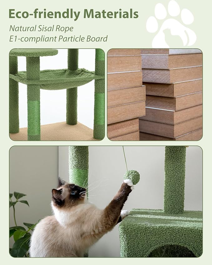 Cactus Cat Tree for Large Cats with Metal Plush Big Hammock, 56.3" Cat Tower for Indoor Cats with 2 Door Condo House, 6-Tier Cat Shelves with Scratching Posts and Large Top Perch,Green-Mewly Pet