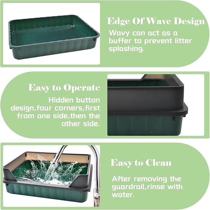 Cat Litter Boxes Large,Kitty Litter Box Low Entry High Sides,Semi Enclosed Front Entry Cat Pan Anti-Splashing Detachable Kitten Toilet with Scoop (Green)-Mewly Pet