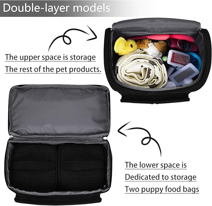 BAGLHER Pet Travel Bag, Double-Layer Pet Supplies Backpack (for All Pet Travel Supplies), Pet Travel Backpack with 2 Silicone Collapsible Bowls and 2 Food Baskets Black-Mewly Pet