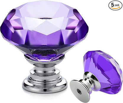 Ravinte 5 Pack Purple Crystal Knobs for Dresser Drawers - 30 mm Glass Cabinet Diamond Shaped Knobs with Silver Base