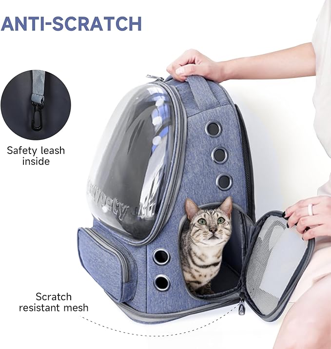 Cat Backpack Carrier, Breathable Cat Carrier Large Space Bubble Pet Backpack for Kitty Small Dog up to 12lbs, Transparent & Foldable Pet Carrier for Travel Hiking (Blue-Mewly Pet