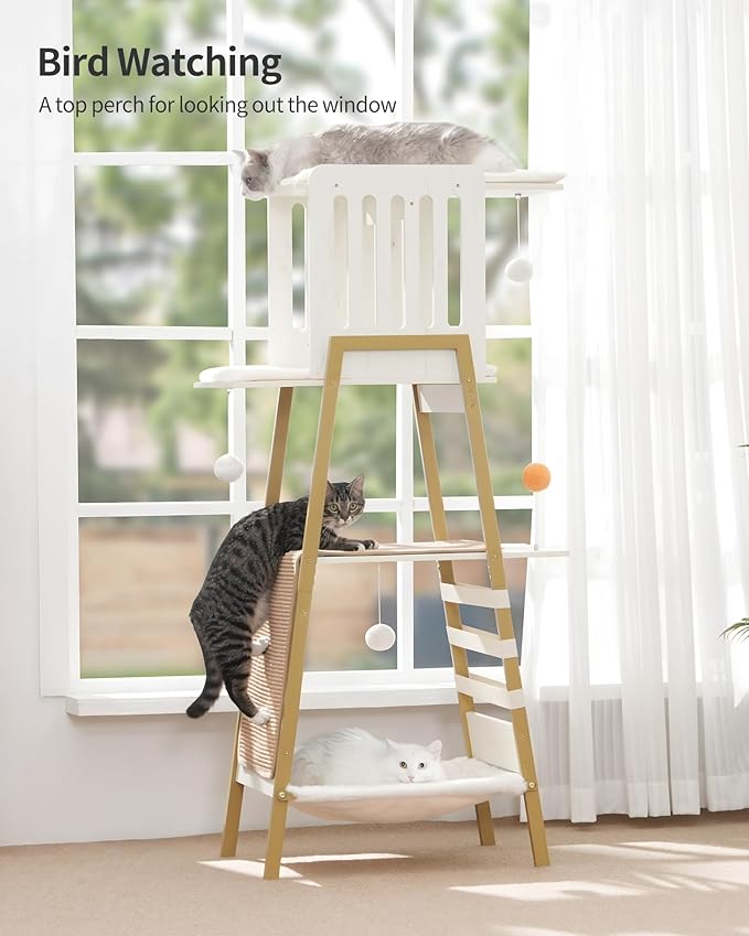 FourFurPets Modern Cat Tree, 58-Inch Cat Tower for Large Cats, Maine Coon Cat Tree with Scratching Board, Large Perch, Hammock and Removable Pads, White-Mewly Pet