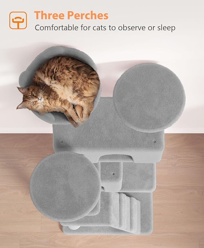 77'' Cat tree Tower for Indoor Cats Large Adult,Cute/Tall Modern Cat Tree for Big Cats 20 lbs,Plush Multi-Level Cat Condo with Scratching Posts,Dangling Ball for fun play(Light Gray, 77 inch)-Mewly Pet