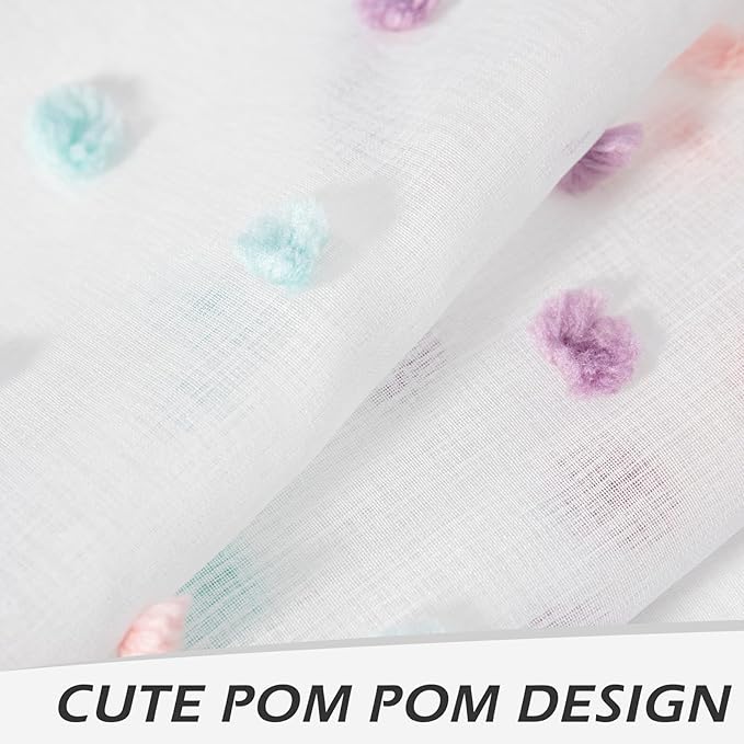 MYSKY HOME Small Curtains for Kitchen Windows Rainbow Pom Pom Curtains for Bedroom Light Filtering White Sheer Curtains for Nursery Cafe Bathroom Privacy Rod Pocket Voile 52 x 45 inch 2 Panels
