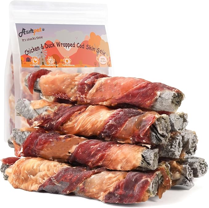 ASMPET Dog Treats Chews, Chicken & Duck Wrapped Cod Skin Sticks, Rawhide Free Cod Skin Treats for Dogs 10.6 oz-Mewly Pet