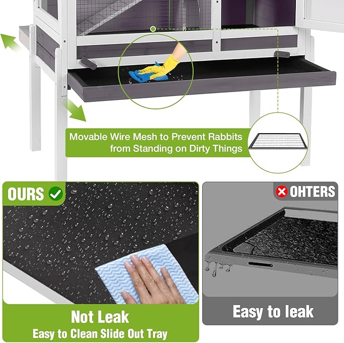 GUTINNEEN Indoor Guinea Pig Cage Rabbit Hutch with Chew-Proof Ramp, 2-Story Wooden Bunny House with Pull-Out Trays & Leakproof PVC Layer, Small Animal Cages with Detachable Legs (Gray)-Mewly Pet