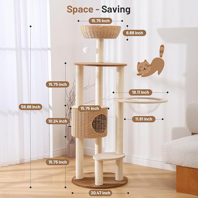 Heavy Duty Cat Tree with Scratching Post,Capsule,Basket,and Bed Modern Tall Cat Condo for Indoor Large-Mewly Pet