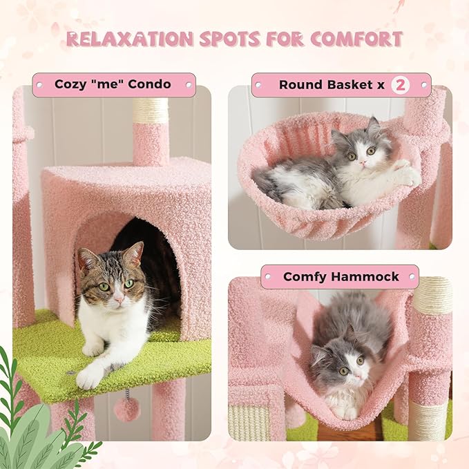 PAWZ Road Pink Cat Tree, Floor to Ceiling Cat Tower with Adjustable Height(85-112 Inches), 7 Tiers Climbing Activity Center with Cozy Hammocks, 5 Platforms and Scratching Posts for Indoor Cats-Pink-Mewly Pet