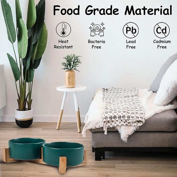 Petygooing Dog Bowls,Green Ceramic Cat Dog Bowl Set with Stand for Food and Water Feeder,Non-Slip Cute Modern Pet Dishes for Cats Small and Medium Size Dogs (28OZ/6.1 in)-Mewly Pet