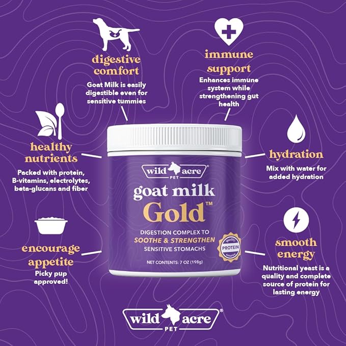 Wild Acre Goat Milk Powder for Dogs - Complete Protein Goat Milk with Nutritional Yeast for Sensitive Stomachs - Gentle Probiotic & Prebiotic Protein for Dogs, Puppies and Cats - 7oz-Mewly Pet