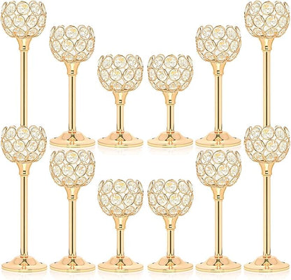12pcs Bulk Crystal Candle Holder Set, 3 Sizes Tealight Candlestick Holders, Elegant Gold Candelabra for Wedding Table Centerpiece, Fireplace, Home & Living Room Decor
