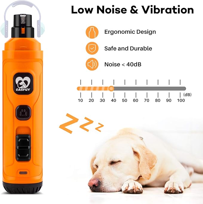 Casfuy Dog Nail Grinder with 2 LED Light - New Version 2-Speed Powerful Electric Pet Nail Trimmer Professional Quiet Painless Paws Grooming & Smoothing for Small Medium Large Dogs and Cats (Orange)-Mewly Pet