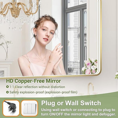 LED Bathroom Mirror with Lights, 30x36 Inch Gold Metal Framed LED Mirror for Bathroom, 3 Colors and Stepless Dimmable Wall Mounted Lighted Bathroom Vanity Mirror, Anti-Fog, Memory