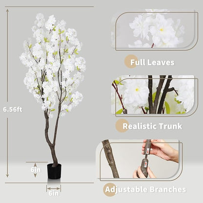 Faux White Cherry Blossom Tree 6.5ft(84in)Tall Artificial Plant Indoor Decor Handmade Natural Fake White Flower Tree for Wedding Realistic Cherry Plant in Pot for Home Living Room,Office Decor.