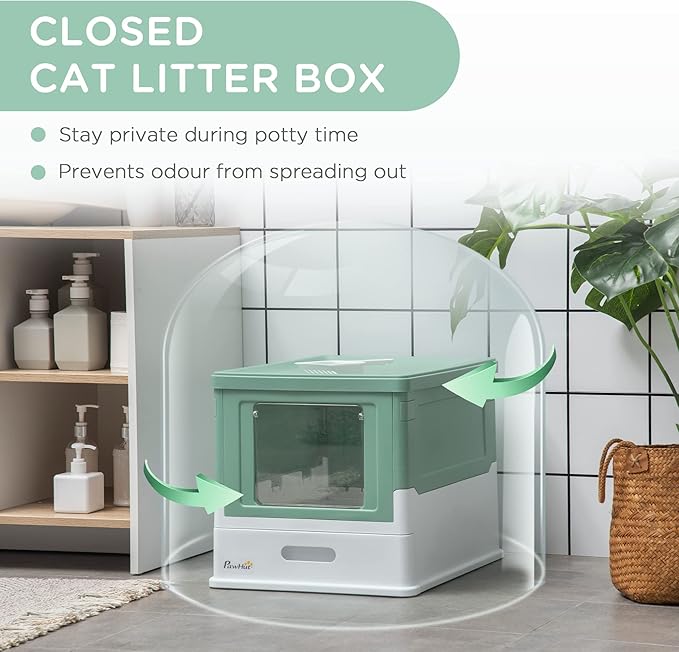 PawHut Fully Enclosed Litter Box with Scoop, Hooded Litter House with Drawer Tray, Foldable Smell Proof Cat Potty with Front Entry, Top Exit, Portable Pet Toilet with Large Space, Green-Mewly Pet