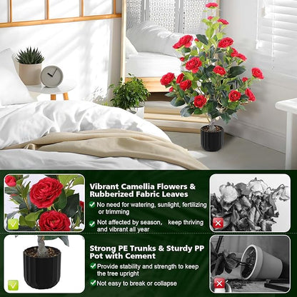 Hananona 2 Pcs Artificial Camellia Trees Faux Camellia Plant in Pot with Flowers Indoor Plants for Spring Home Decor Outdoor Porch Front Door Decor (Red, M)