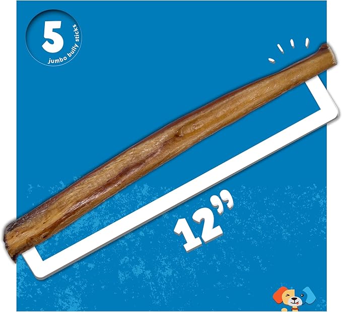 Jack&Pup 12 Inch Bully Sticks for Large Dogs (5 Pack) Jumbo Dog Chews for Aggressive Chewers | All Natural, Odor Free Bully Sticks for Dogs-Mewly Pet