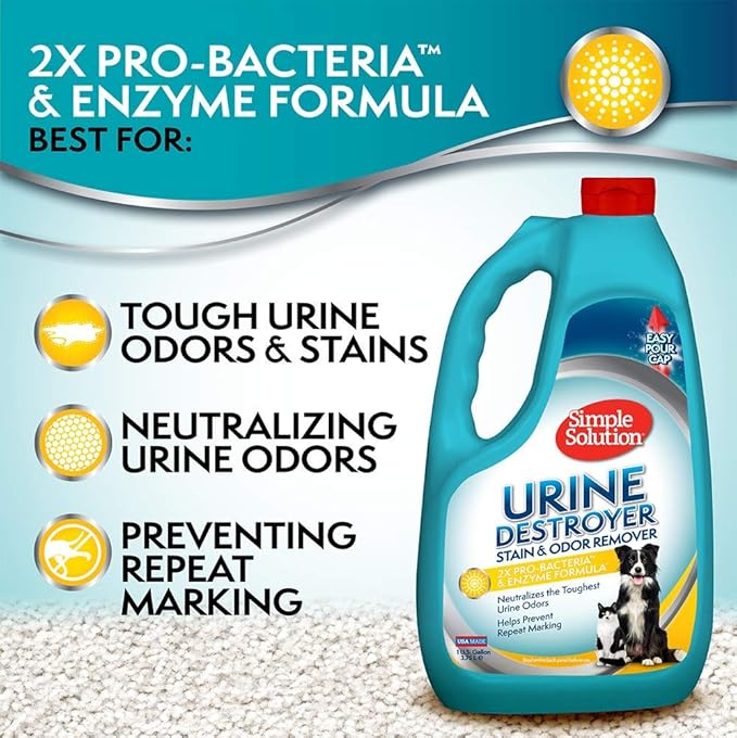 Simple Solution Urine Destroyer for Pets, Strong Odor, Enzyme Pet Odor Eliminator for Home, Floor Cleaner, Stain Remover for Cats & Dog Pee, Cat Urine Destroyer, Carpet Cleaner Spray, 1 Gallon-Mewly Pet