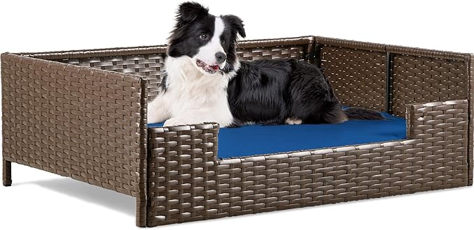 YITAHOME Rattan Dog Sofa Bed with Cushion,Wicker Pet Bed Sofa Couch Indoor Outdoor Water Resistant for Large Medium Small Dogs Cats (34.6''L*23.6''W*11.8'',Blue)-Mewly Pet